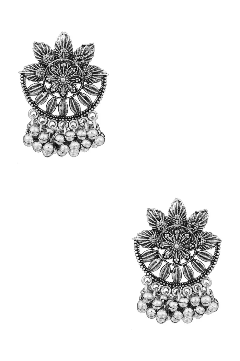 Oxidised Silver Floral Design Chand Bali Earrings for Women