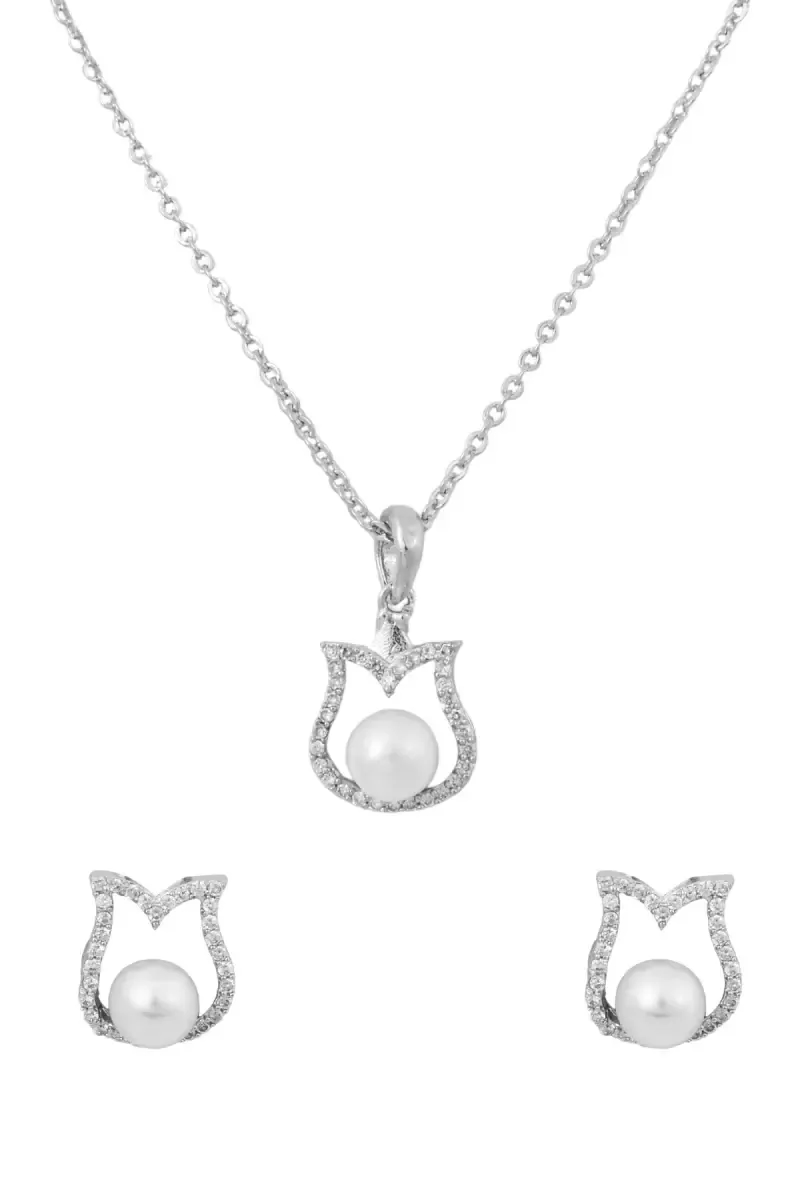 Silver Plated Tulip Design Necklace Set for Women