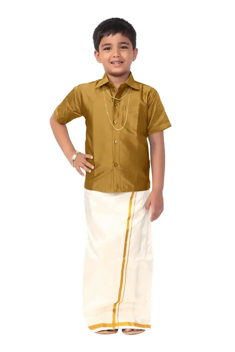 Boy's Art Silk Shirt & Dhoti with Angavasthuram 5 Pcs Set (Accessories Included)