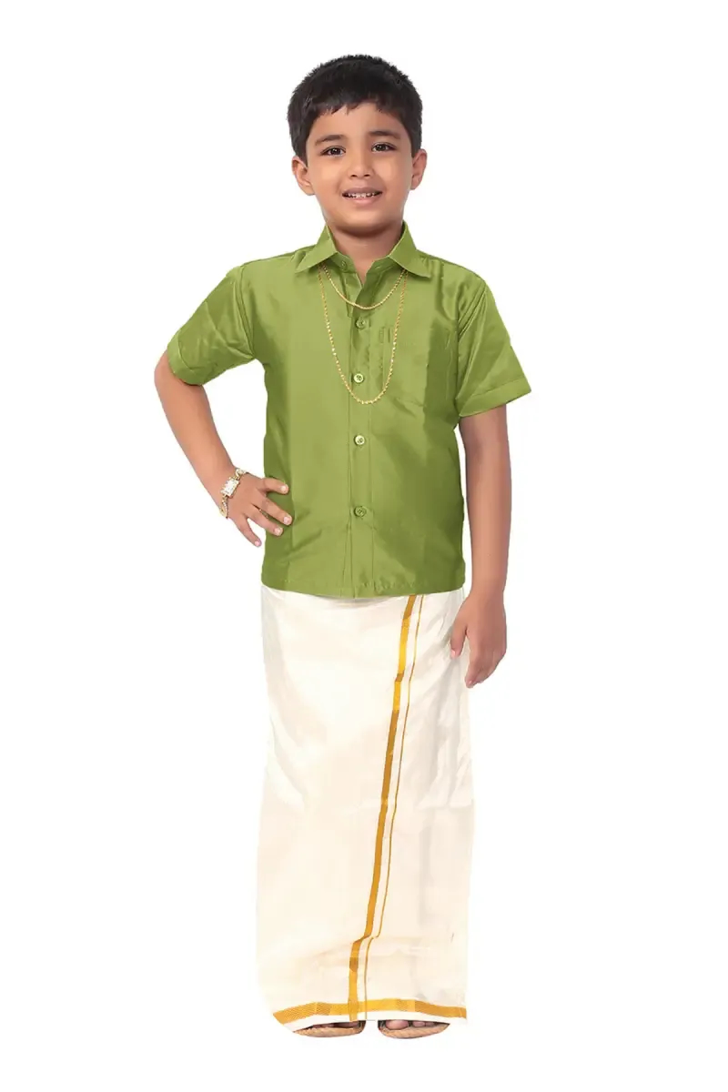 Boy's Art Silk Shirt & Dhoti with Angavasthuram 5 Pcs Set (Accessories Included)