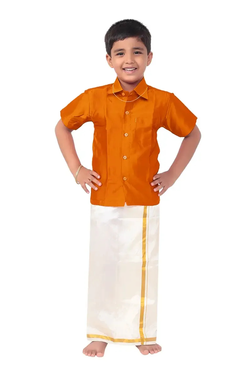 Boy's Art Silk Shirt & Dhoti with Angavasthuram 5 Pcs Set (Accessories Included)
