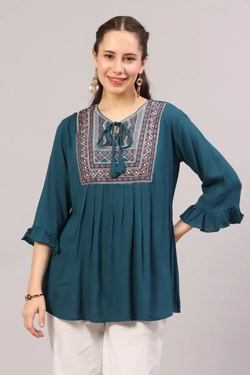  Cotton Blend Embroidered Longline Top for Women