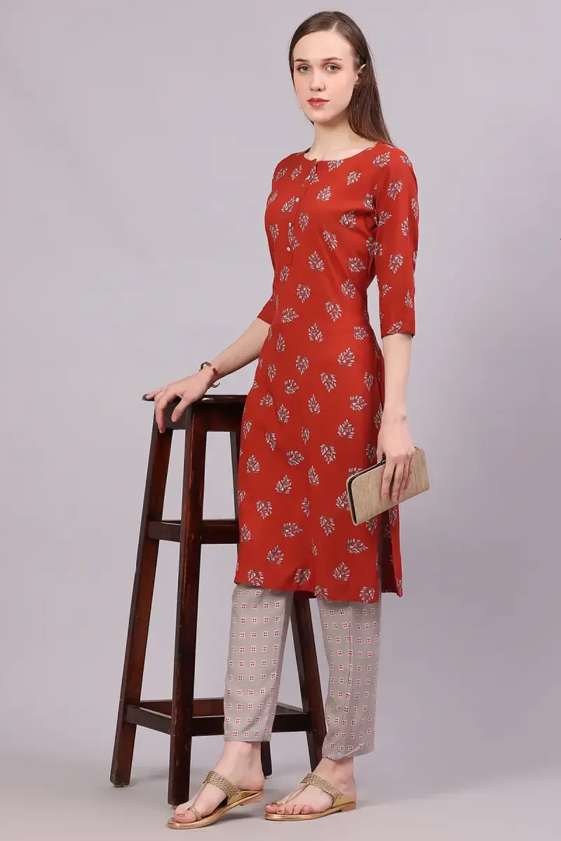 Rayon Printed Kurti with Pant Set for Women 