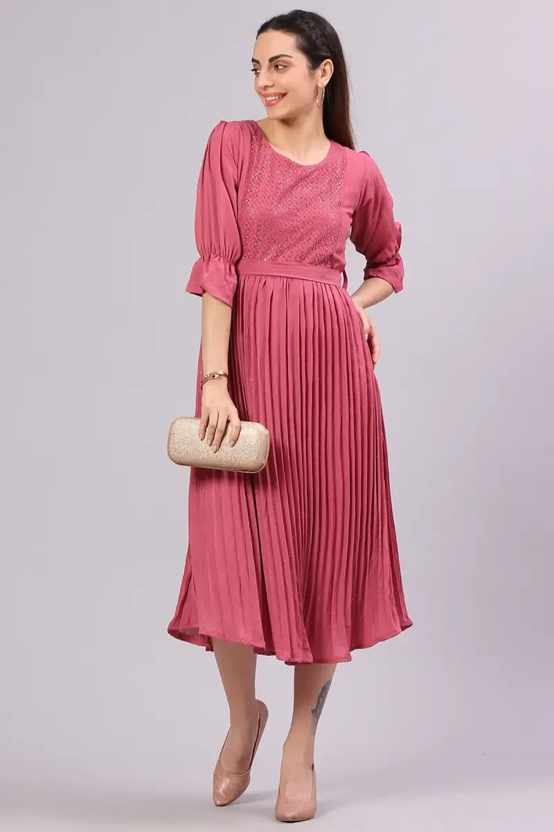 Cotton Blend Pleated Sequined Dress for Women