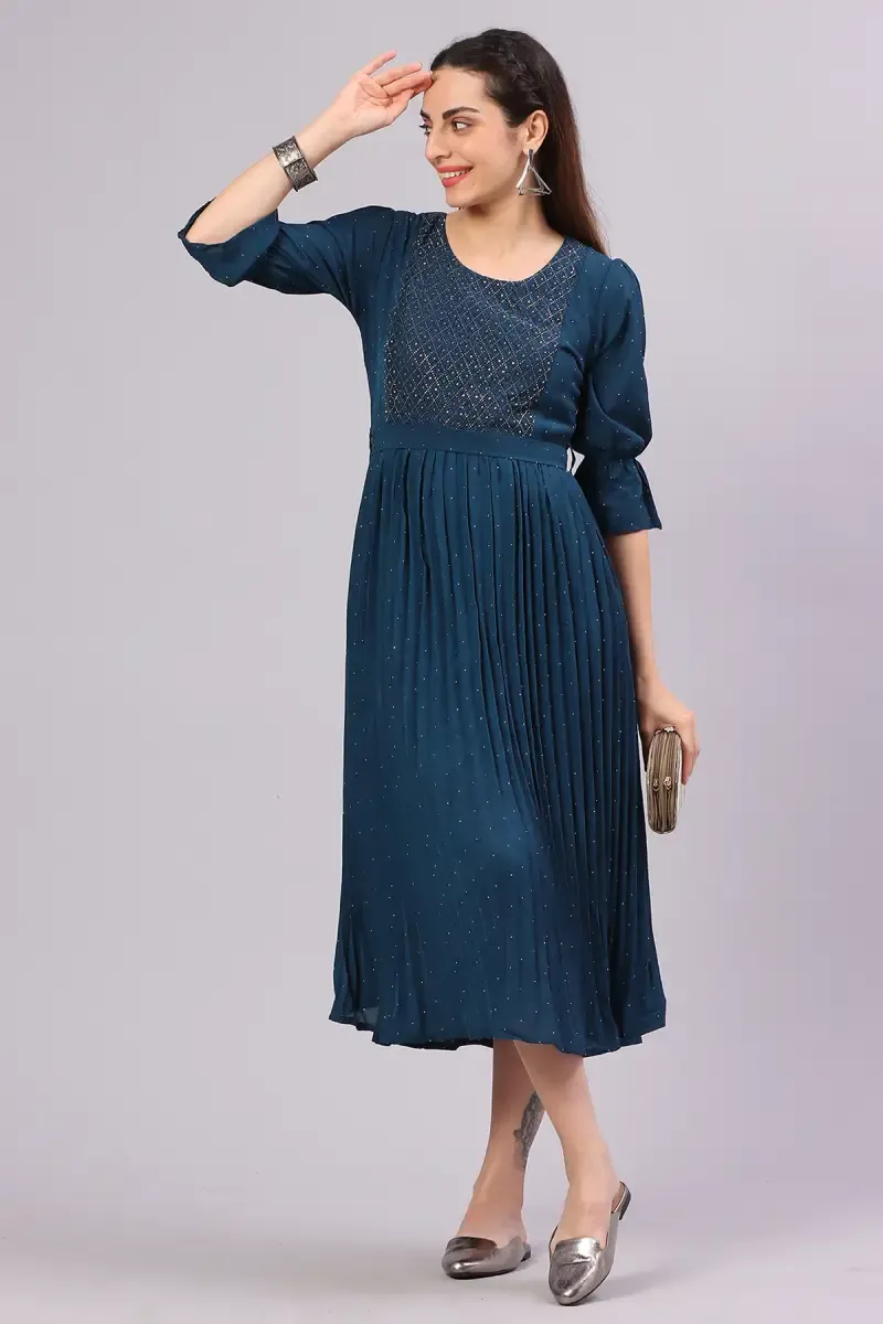 Cotton Blend Pleated Sequined Dress for Women