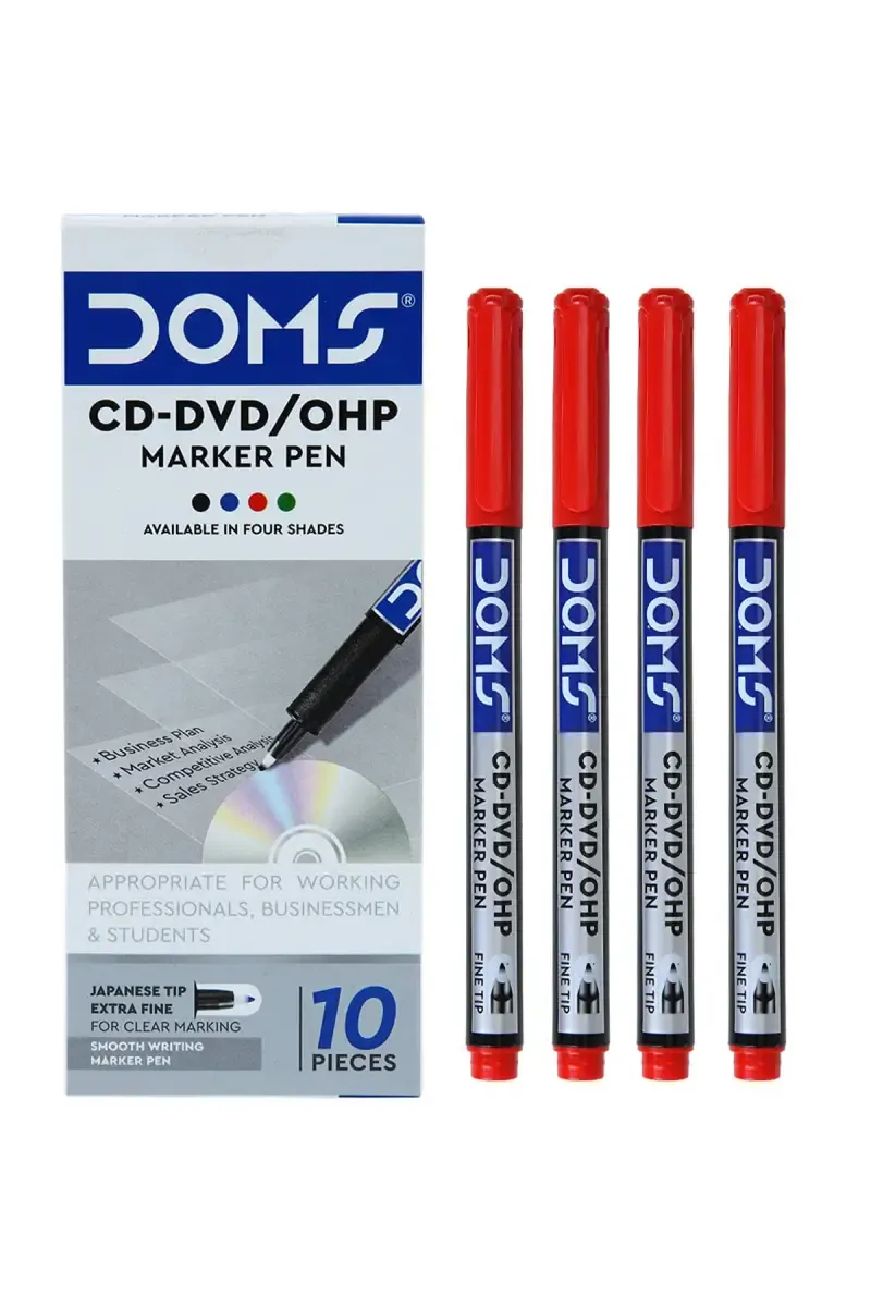 Doms CD-DVD/OHP Marker Pen, Red- Pack Of 10