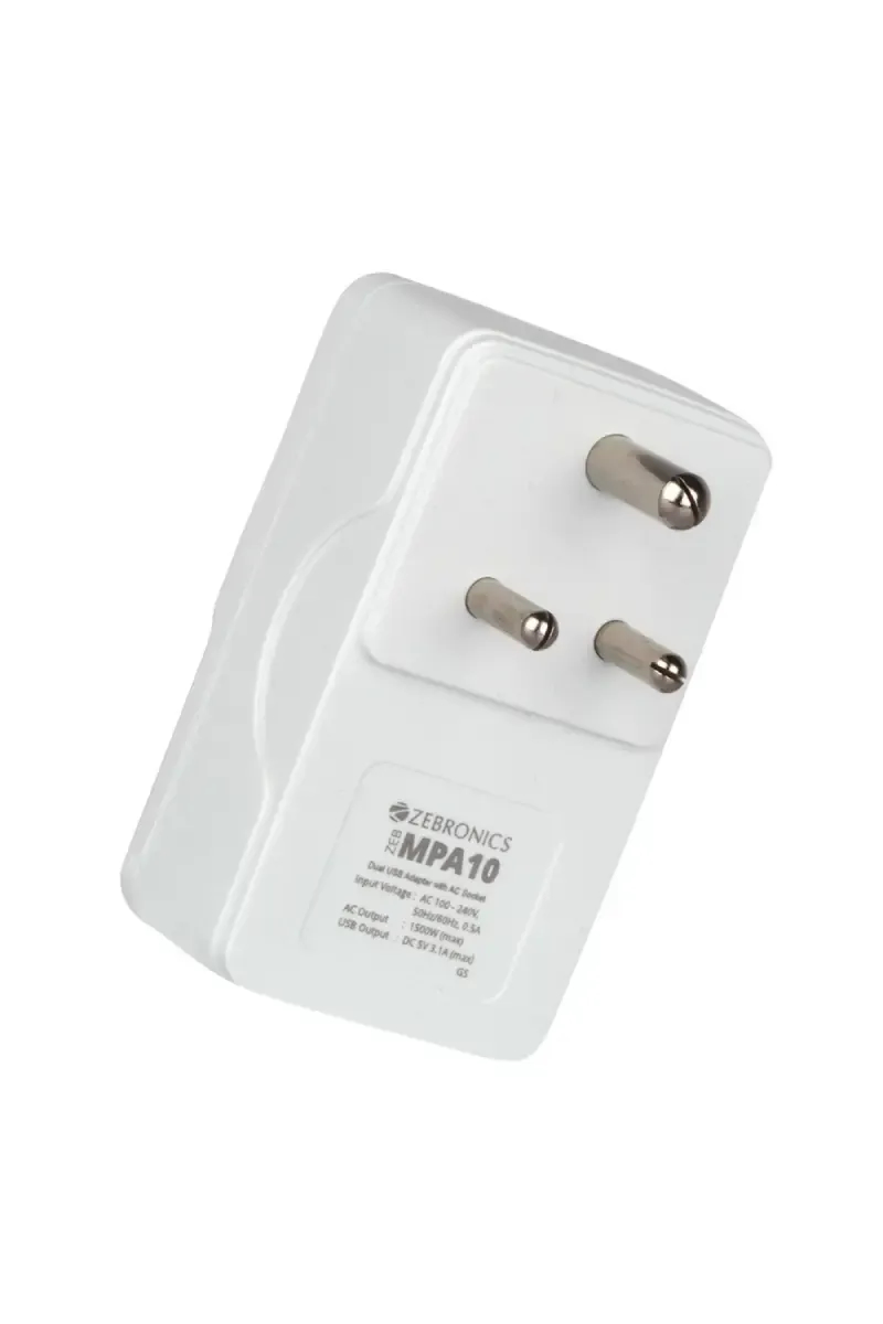 Zebronics MPA10 Universal Power Socket | Multi Plug Adapter with Dual USB Adapter (White)