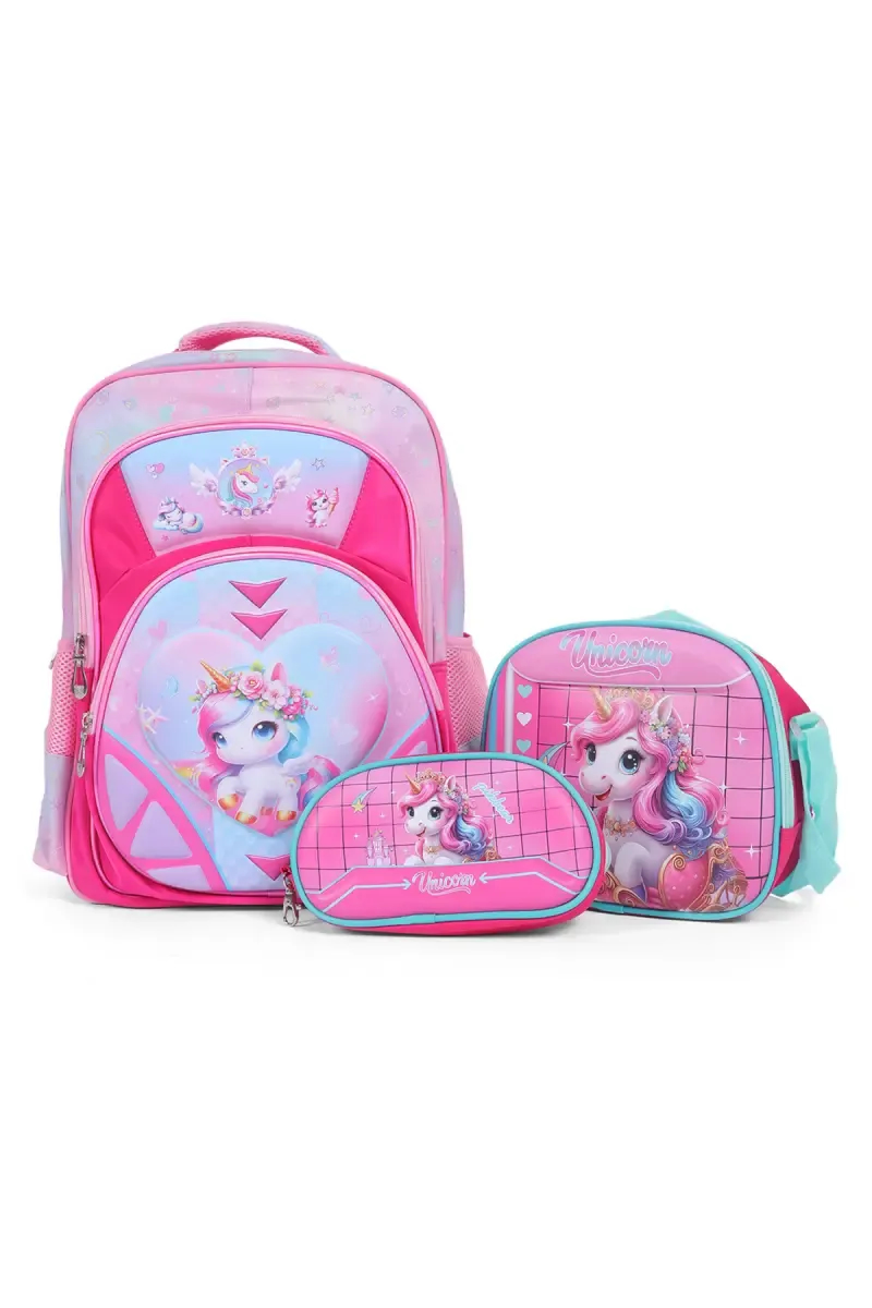 Girls’ Unicorn Printed 3-Piece School Bag Set – Backpack, Lunch Bag & Pencil Pouch