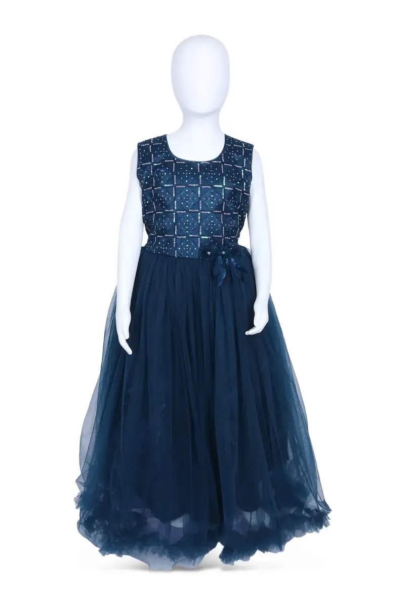 Girl's Satin Blend Sequin Embellished Party Frock - Teal