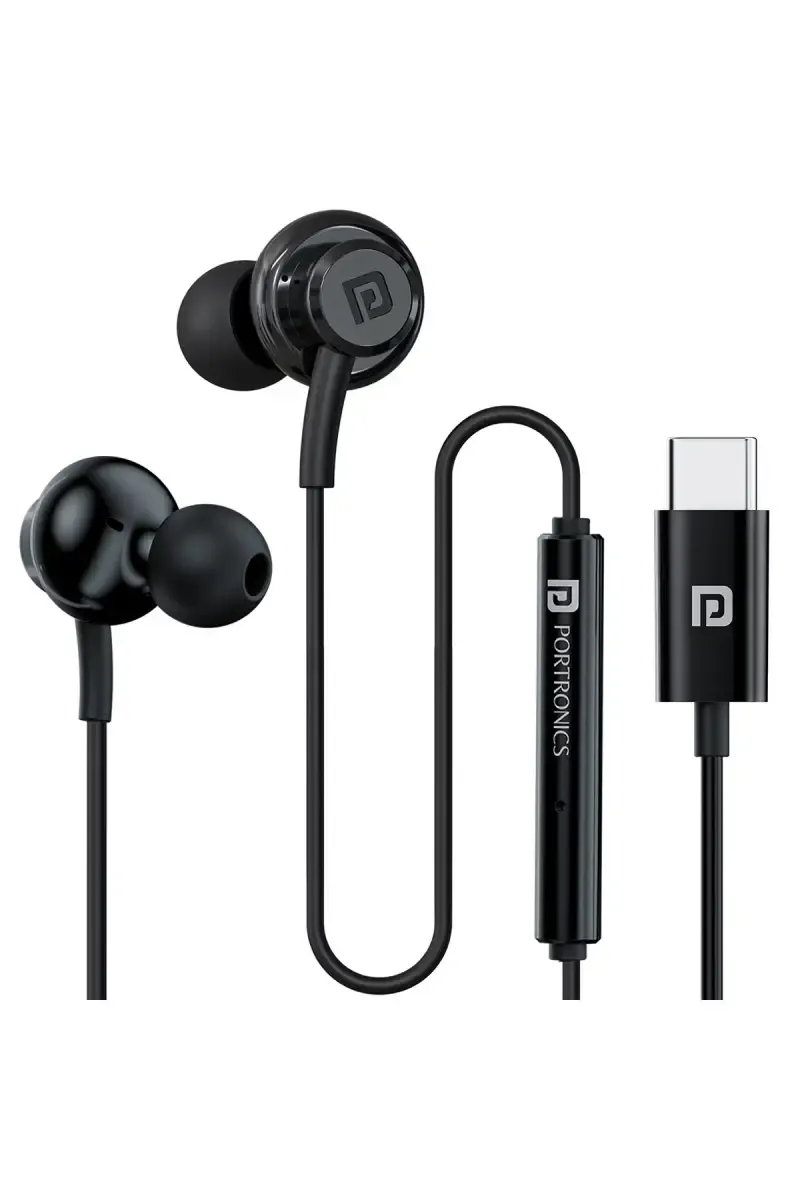 Portronics Conch Gamma C Type-C In Ear Wired Earphone with HD Mic, TPE Anti Tangle Wire (Black)