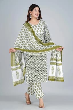 Cotton Printed Kurti with Palazzo & Dupatta Set for Women 000083XL4GRE2