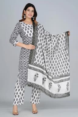 Cotton Printed Kurti with Palazzo & Dupatta Set for Women 000083XXLBLA2