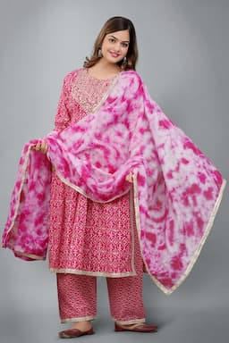 Cotton Embroidered Kurti with Palazzo & Dupatta Set for Women  000084XL4PIN2