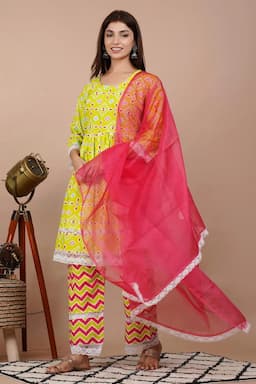 Cotton Printed Kurti with Palazzo & Dupatta Set for Women 000086L40LIGGRE