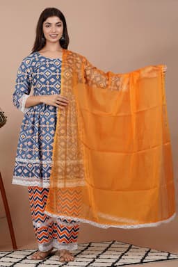 Cotton Printed Kurti with Palazzo & Dupatta Set for Women 000086XXLBLU2