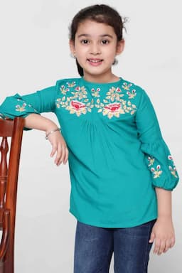 Girl's Viscose Rayon Embroidered Pattern Top (3 - 14 Yrs) 002552910YRSGRE