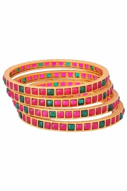 Gold Plated Bangles with Pink & Green Square Stones  for Women – Set of 4 013317MUL264