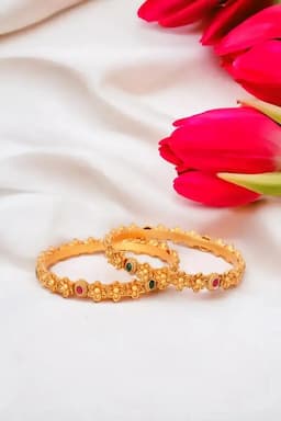 Matte Antique Finish Gold Plated Floral Design Bangles for Women - Set of 2 013372GOL282