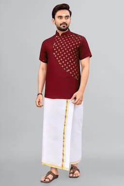 Cotton Gold Print Short Kurta for Men 014296MMAR