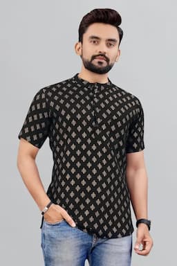 Cotton Gold Print Short Kurta for Men 0142983XLBLA