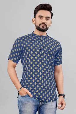 Cotton Gold Print Short Kurta for Men 014298MTEA