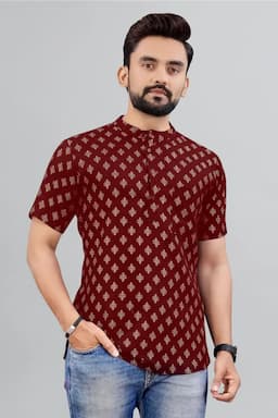 Cotton Gold Print Short Kurta for Men 014298SMAR