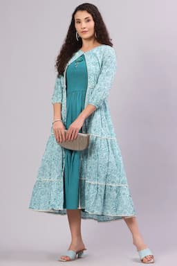 Cotton Printed Dress with Over Coat for Women  01467540BLU