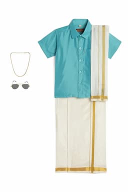 Boy's Art Silk Shirt & Dhoti with Angavasthuram 5 Pcs Set (Accessories Included) 014722AQU89YRS