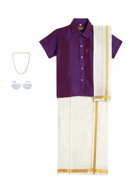 Boy's Art Silk Shirt & Dhoti with Angavasthuram 5 Pcs Set (Accessories Included) 014722DARORC910YRS