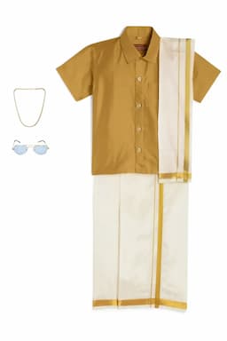 Boy's Art Silk Shirt & Dhoti with Angavasthuram 5 Pcs Set (Accessories Included) 014722GOL78YRS