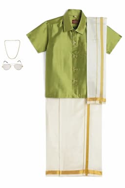Boy's Art Silk Shirt & Dhoti with Angavasthuram 5 Pcs Set (Accessories Included) 014722GRE910YRS