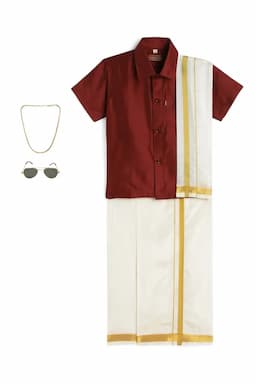 Boy's Art Silk Shirt & Dhoti with Angavasthuram 5 Pcs Set (Accessories Included) 014722MAR910YRS