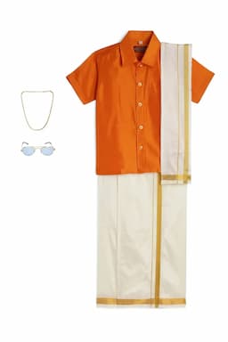 Boy's Art Silk Shirt & Dhoti with Angavasthuram 5 Pcs Set (Accessories Included) 014722ORA910YRS