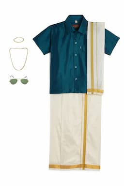 Boy's Art Silk Shirt & Dhoti with Angavasthuram 5 Pcs Set (Accessories Included) 014722TEA910YRS