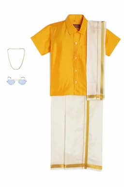 Boy's Art Silk Shirt & Dhoti with Angavasthuram 5 Pcs Set (Accessories Included) 014722YEL910YRS
