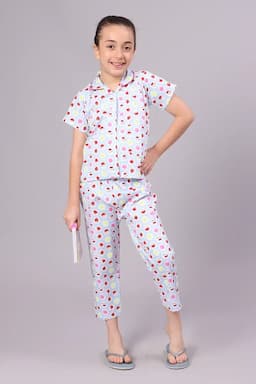 Girl's Cotton Blend Printed Pyjama Set (1 - 10 Yrs) 015153BLU78YRS
