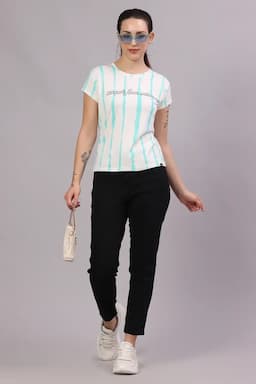 Cotton Blend Striped T-Shirt for Women 016185XLAQU