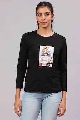 Cotton Lycra Graphic Printed T-Shirt for Women 016414XLBLA