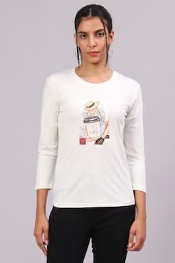 Cotton Lycra Graphic Printed T-Shirt for Women 016414XLOFFWHI
