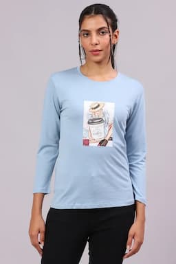 Cotton Lycra Graphic Printed T-Shirt for Women 016414XXLSKYBLU