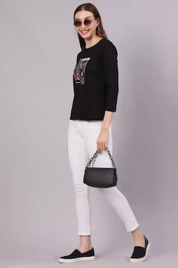 Cotton Lycra Graphic Printed T-Shirt for Women 016421XXLBLA