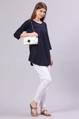 Cotton Solid Pleated Top for Women 016752XXLNAVBLU