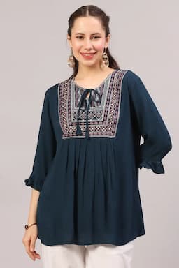  Cotton Blend Embroidered Longline Top for Women 018505XLTEA