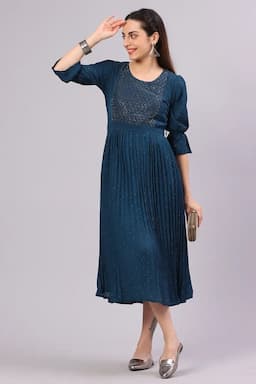 Cotton Blend Pleated Sequined Dress for Women 019850TEAXXL