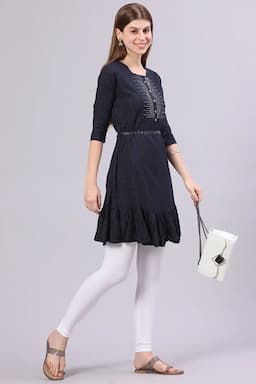 Women's Cotton Blend Printed Flared Kurti 01986140NAVBLU