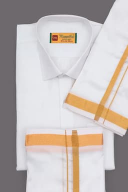Men's Art Silk Shirt with Dhoti & Towel Set (3-Pcs Set) 023137WHI36