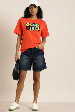 Cotton Typographic Embroidery Oversized T-Shirt for Women 023469XLORA